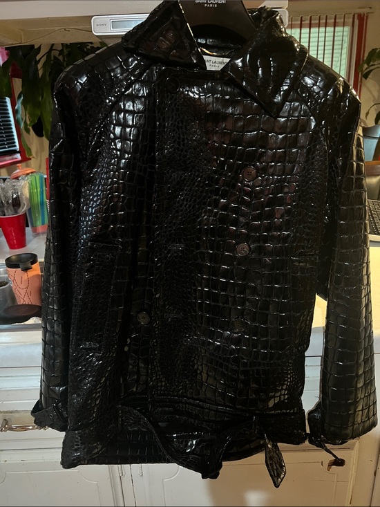 Saint Laurent Jackets & Blazers - Saint Laurent Black Croc-Embossed Patent Trench Jacket
